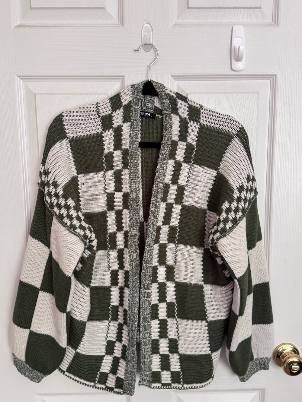 Amazon Olive and Cream Checkered Open-Front Cardigan Sweater